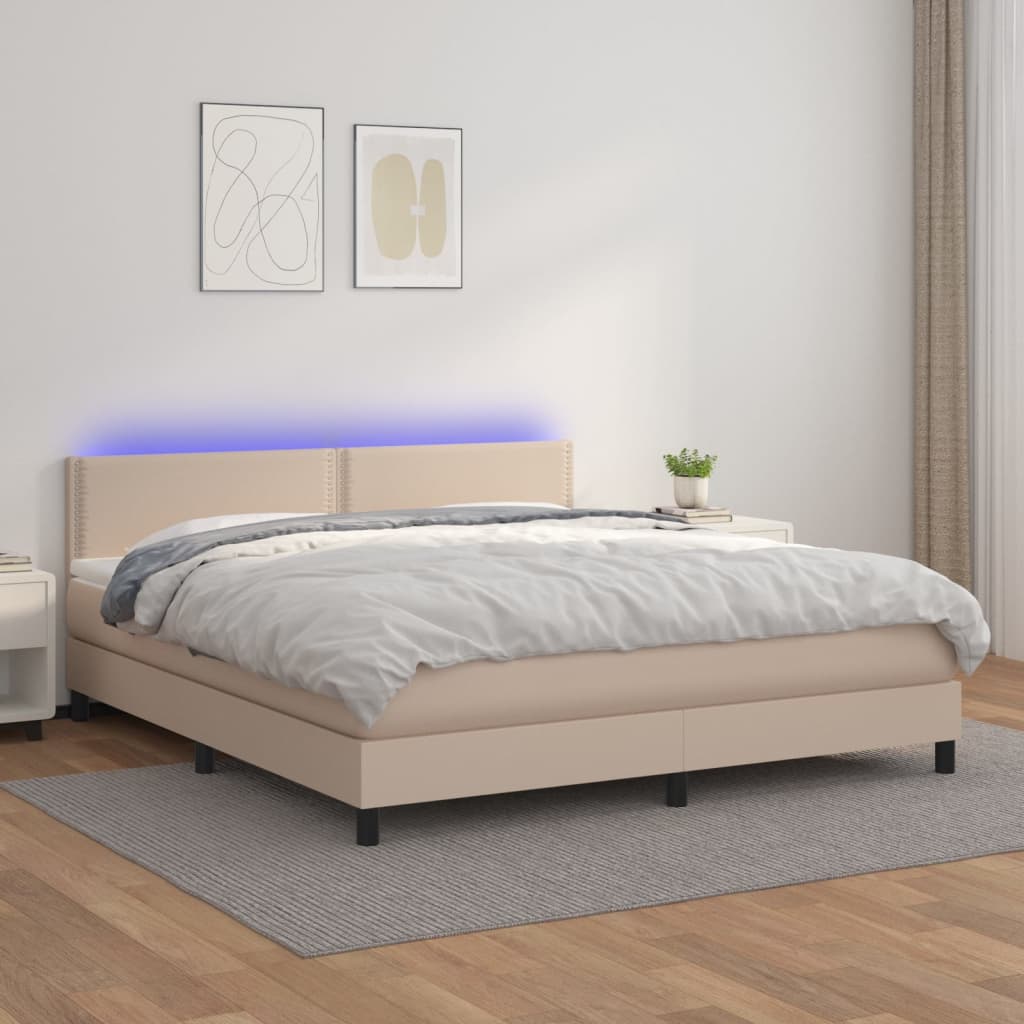Κρεβάτι Boxspring Στρώμα&LED Καπουτσίνο 180x200 εκ. Συνθ. Δέρμα