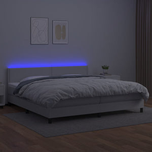 Κρεβάτι Boxspring με Στρώμα & LED Λευκό 200x200 εκ. Συνθ. Δέρμα