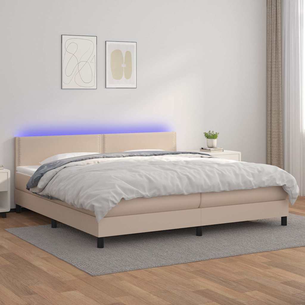 Κρεβάτι Boxspring Στρώμα&LED Καπουτσίνο 200x200 εκ. Συνθ. Δέρμα