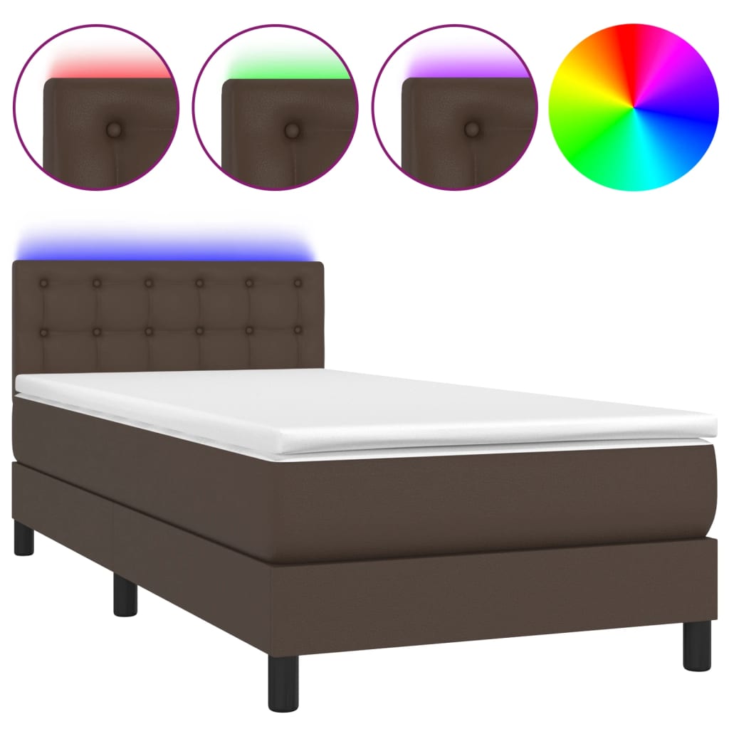 Κρεβάτι Boxspring με Στρώμα & LED Καφέ 80x200 εκ. Συνθ. Δέρμα