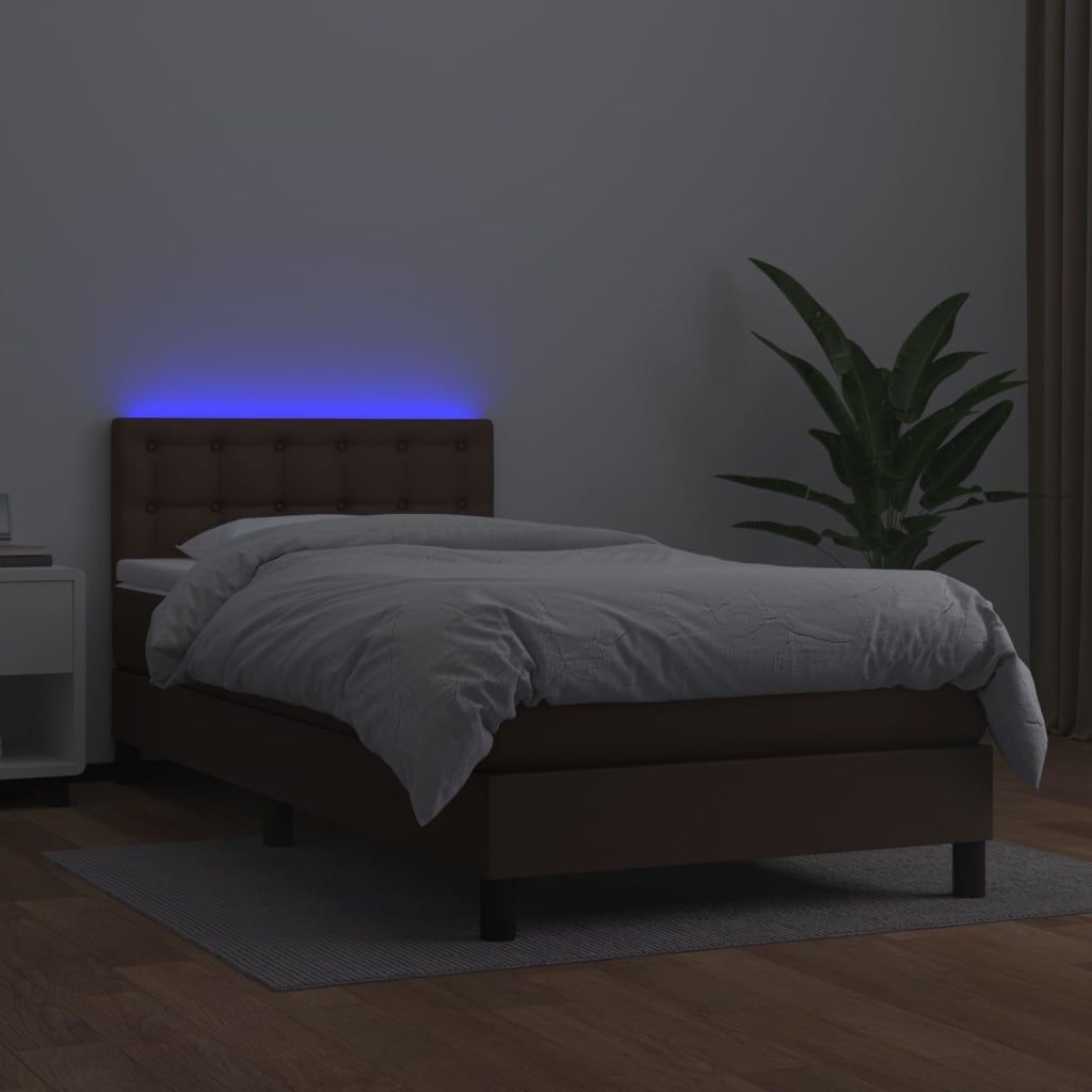Κρεβάτι Boxspring με Στρώμα & LED Καφέ 80x200 εκ. Συνθ. Δέρμα