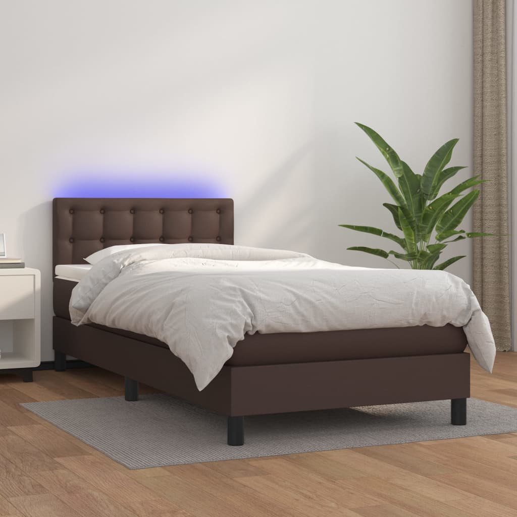 Κρεβάτι Boxspring με Στρώμα & LED Καφέ 80x200 εκ. Συνθ. Δέρμα