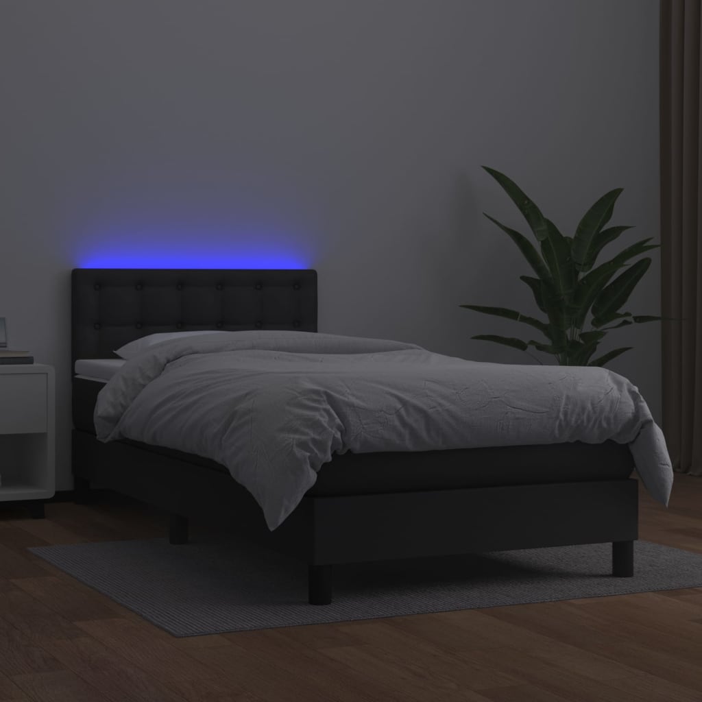 Κρεβάτι Boxspring με Στρώμα & LED Μαύρο 90x190 εκ. Συνθ. Δέρμα