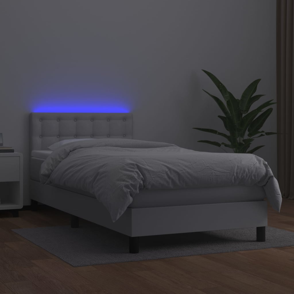 Κρεβάτι Boxspring με Στρώμα & LED Λευκό 90x190 εκ. Συνθ. Δέρμα