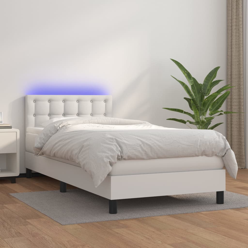 Κρεβάτι Boxspring με Στρώμα & LED Λευκό 90x190 εκ. Συνθ. Δέρμα