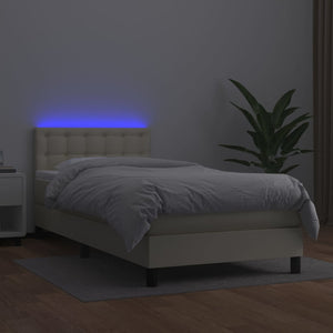 Κρεβάτι Boxspring με Στρώμα & LED Κρεμ 90x190 εκ. Συνθ. Δέρμα - Pakobazaar