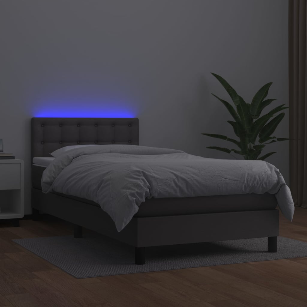 Κρεβάτι Boxspring με Στρώμα & LED Γκρι 90x190 εκ. Συνθ. Δέρμα