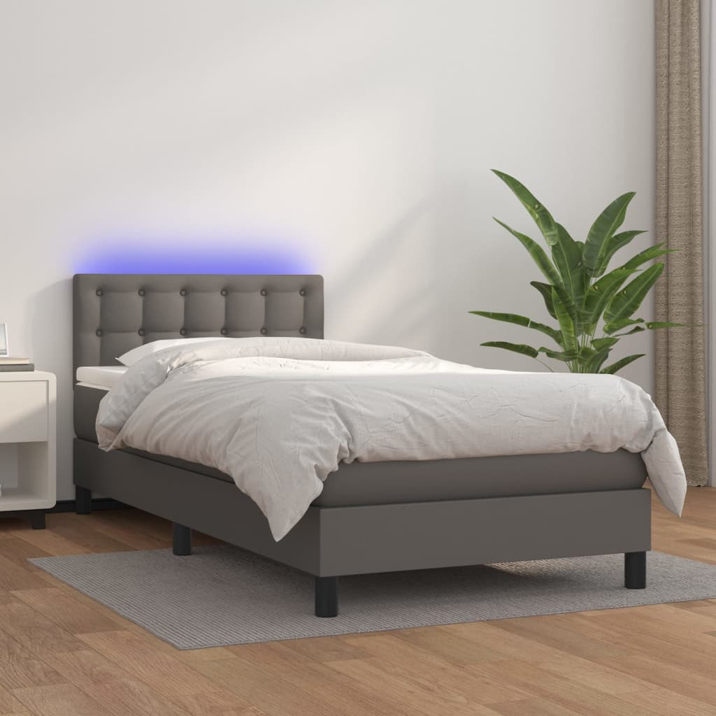 Κρεβάτι Boxspring με Στρώμα & LED Γκρι 90x190 εκ. Συνθ. Δέρμα