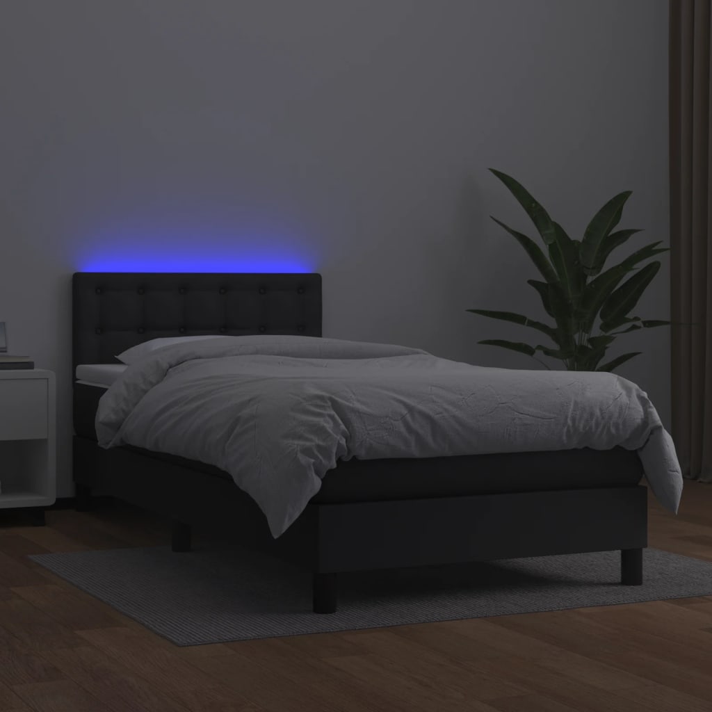 Κρεβάτι Boxspring με Στρώμα & LED Μαύρο 90x200 εκ. Συνθ. Δέρμα