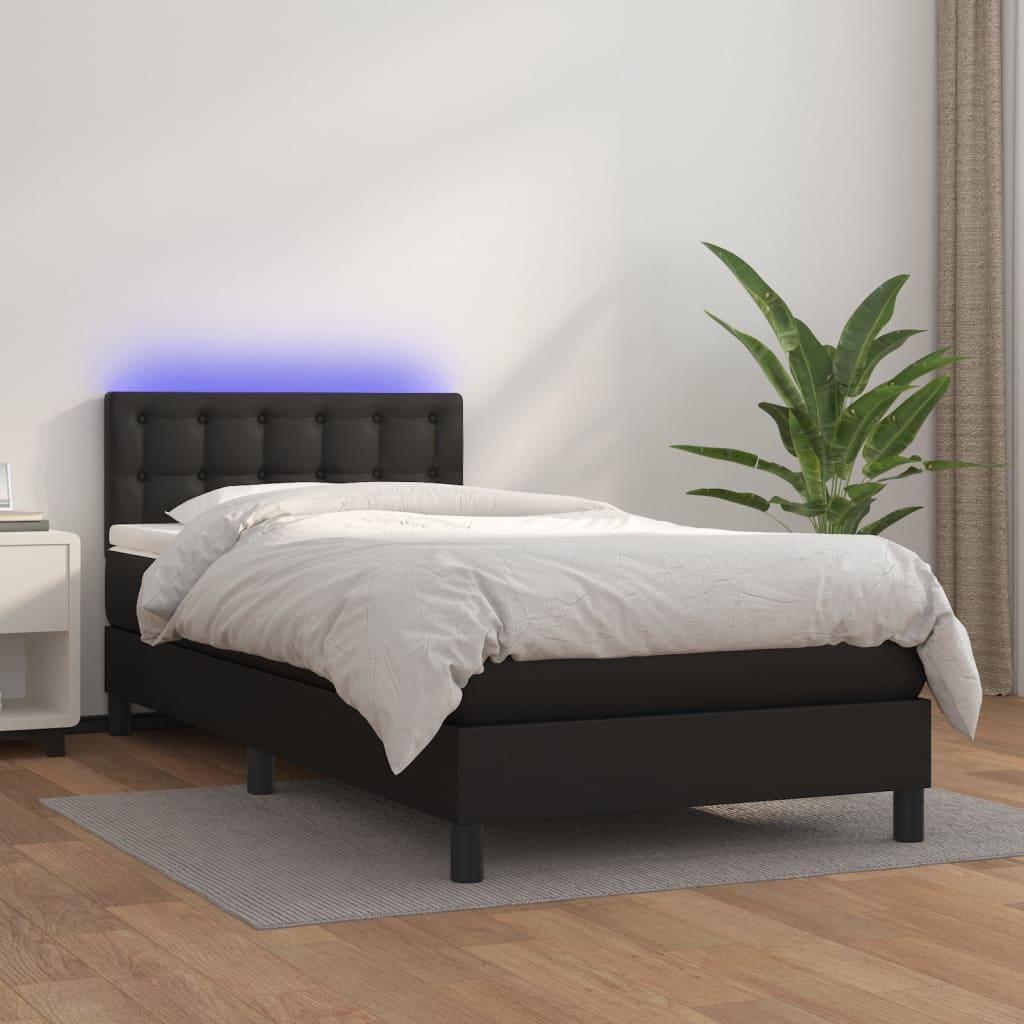 Κρεβάτι Boxspring με Στρώμα & LED Μαύρο 90x200 εκ. Συνθ. Δέρμα
