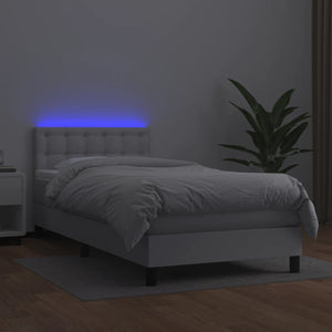 Κρεβάτι Boxspring με Στρώμα & LED Λευκό 90x200 εκ. Συνθ. Δέρμα