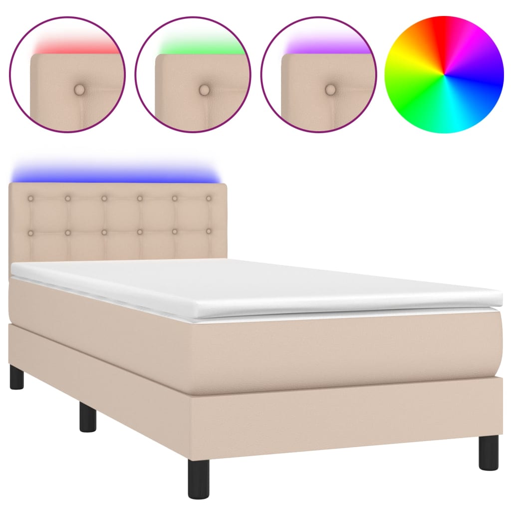 Κρεβάτι Boxspring Στρώμα&LED Καπουτσίνο 90x200 εκ. Συνθ. Δέρμα - Pakobazaar