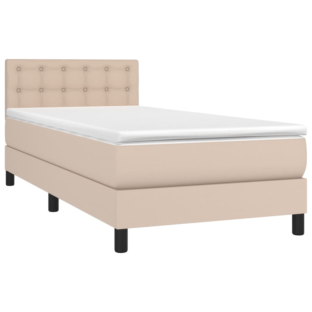 Κρεβάτι Boxspring Στρώμα&LED Καπουτσίνο 90x200 εκ. Συνθ. Δέρμα - Pakobazaar