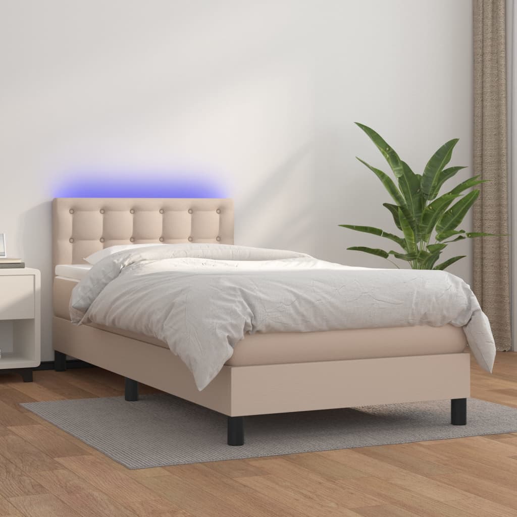 Κρεβάτι Boxspring Στρώμα&LED Καπουτσίνο 90x200 εκ. Συνθ. Δέρμα - Pakobazaar