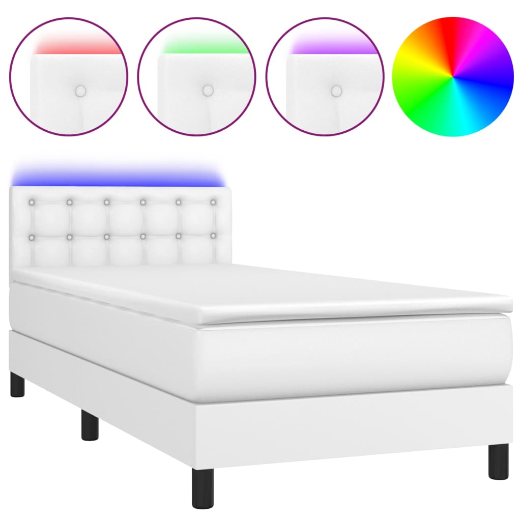 Κρεβάτι Boxspring με Στρώμα & LED Λευκό 100x200 εκ. Συνθ. Δέρμα