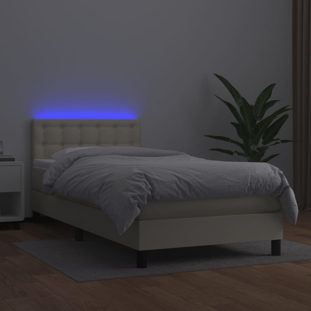 Κρεβάτι Boxspring με Στρώμα & LED Κρεμ 100x200 εκ. Συνθ. Δέρμα