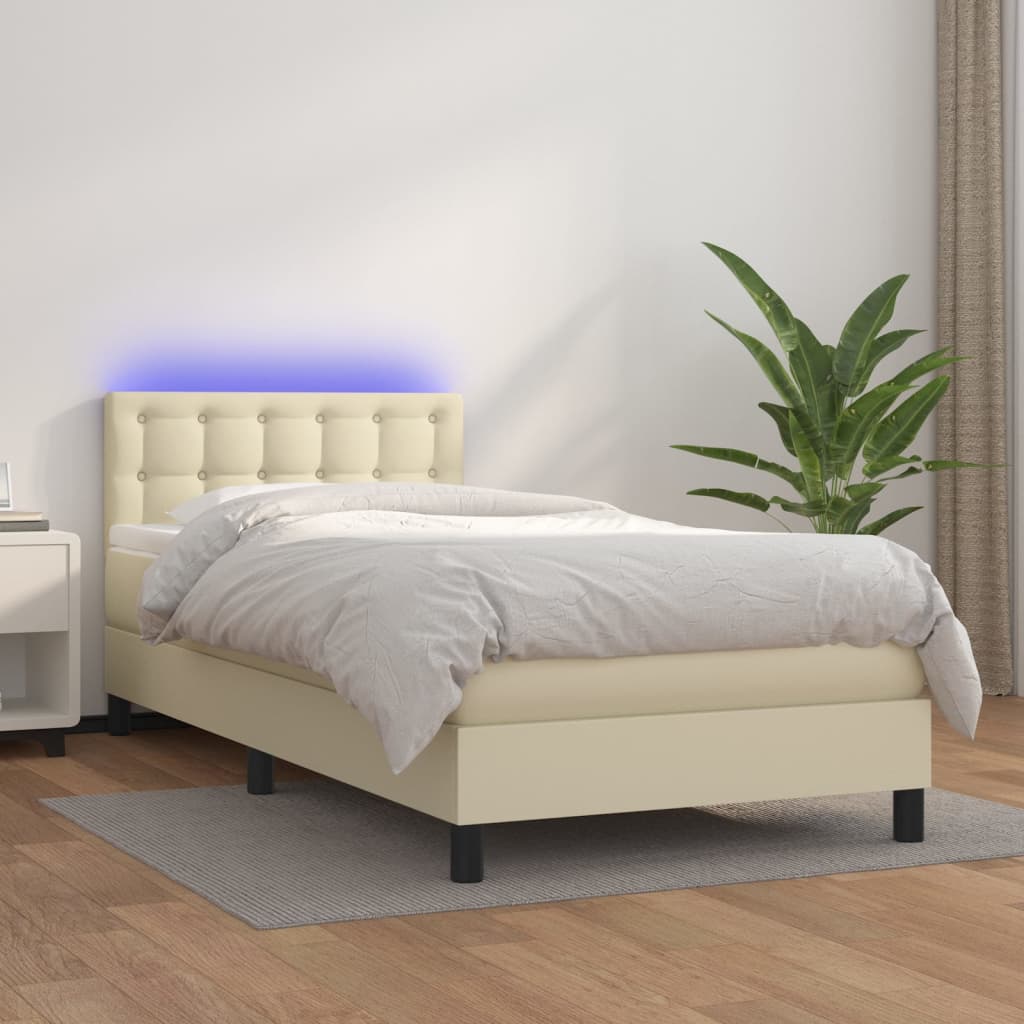 Κρεβάτι Boxspring με Στρώμα & LED Κρεμ 100x200 εκ. Συνθ. Δέρμα