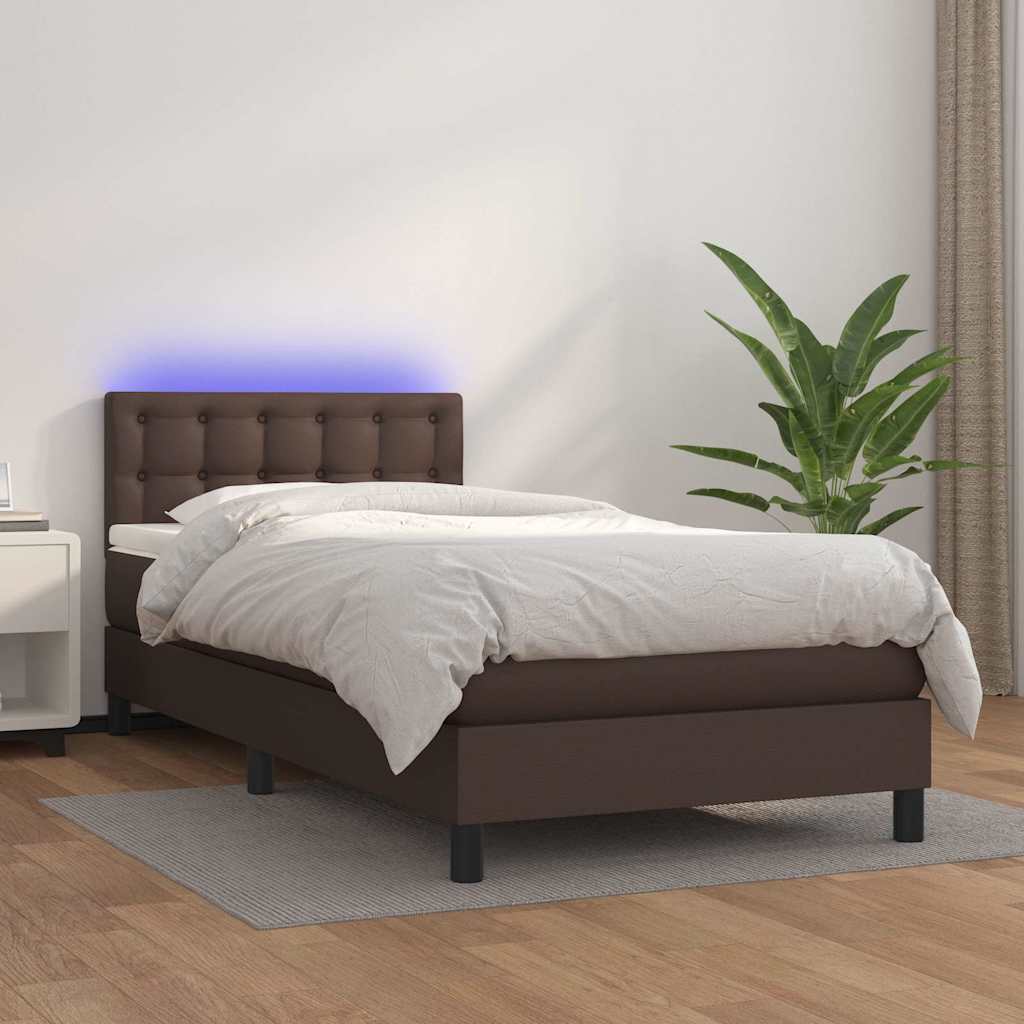 Κρεβάτι Boxspring με Στρώμα & LED Καφέ 100x200 εκ. Συνθ. Δέρμα