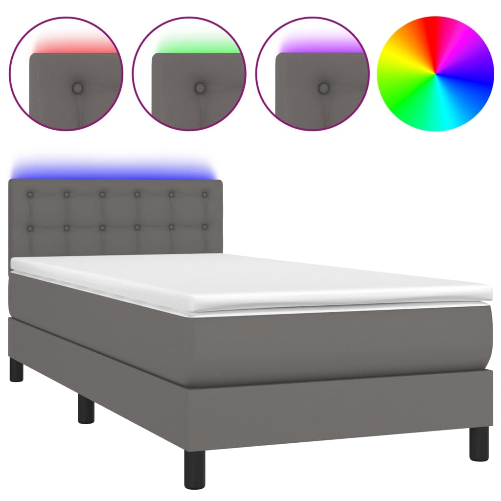 Κρεβάτι Boxspring με Στρώμα & LED Γκρι 100x200 εκ. Συνθ. Δέρμα