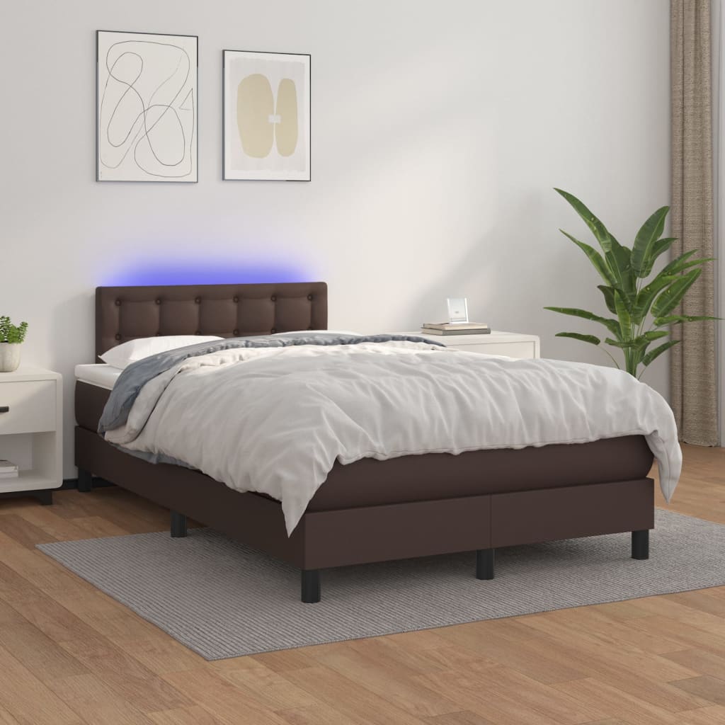 Κρεβάτι Boxspring με Στρώμα & LED Καφέ 120x200 εκ. Συνθ. Δέρμα