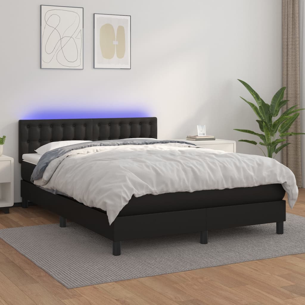 Κρεβάτι Boxspring με Στρώμα & LED Μαύρο 140x190 εκ. Συνθ. Δέρμα - Pakobazaar