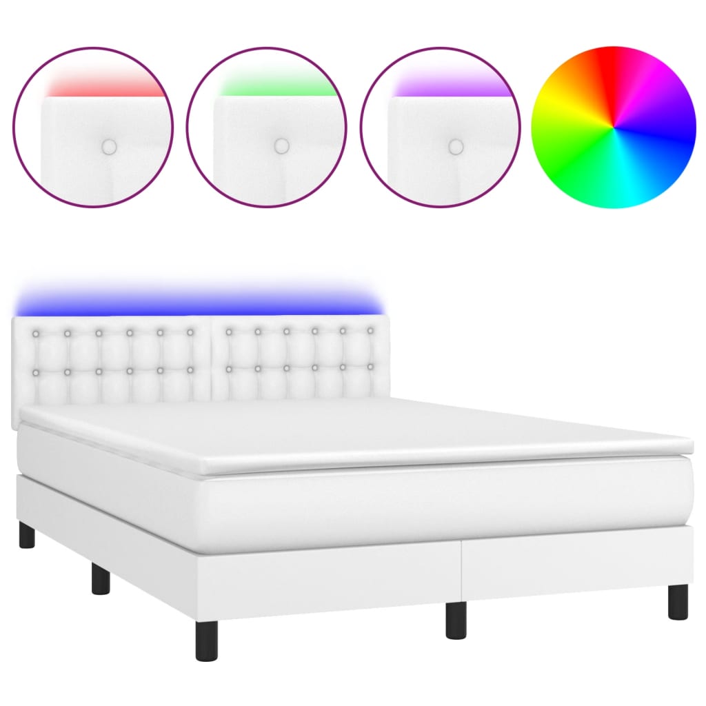 Κρεβάτι Boxspring με Στρώμα & LED Λευκό 140x190 εκ. Συνθ. Δέρμα