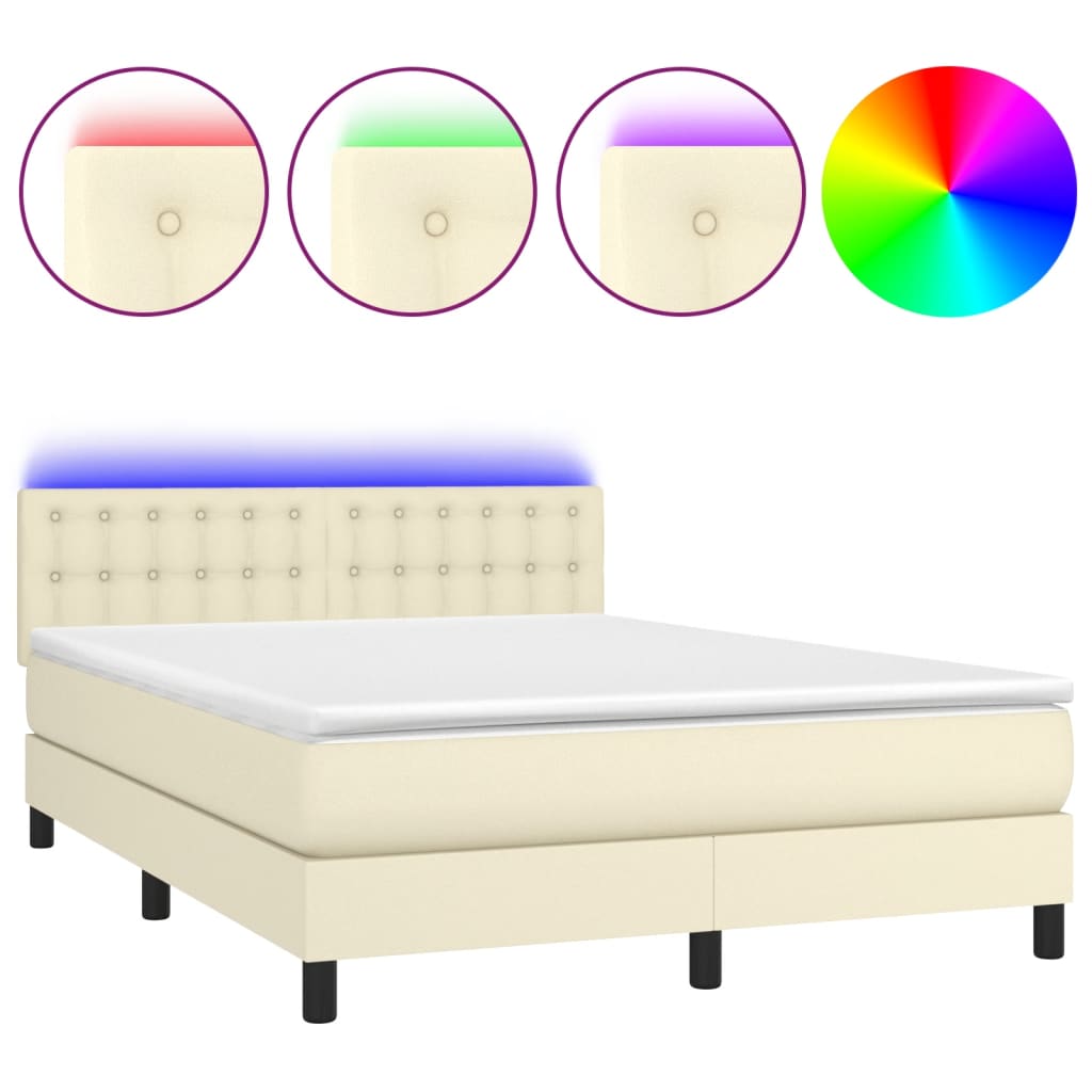 Κρεβάτι Boxspring με Στρώμα & LED Κρεμ 140x190 εκ. Συνθ. Δέρμα - Pakobazaar