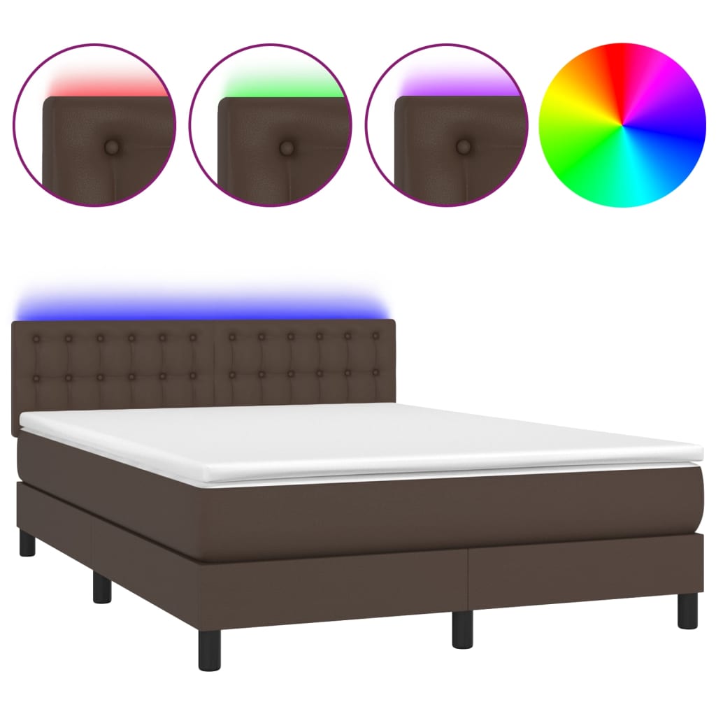 Κρεβάτι Boxspring με Στρώμα & LED Καφέ 140x190 εκ. Συνθ. Δέρμα - Pakobazaar
