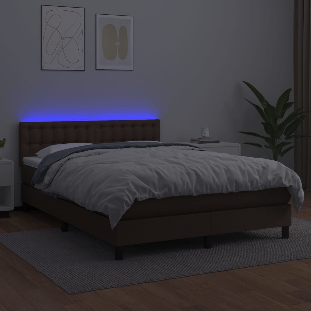 Κρεβάτι Boxspring με Στρώμα & LED Καφέ 140x190 εκ. Συνθ. Δέρμα - Pakobazaar