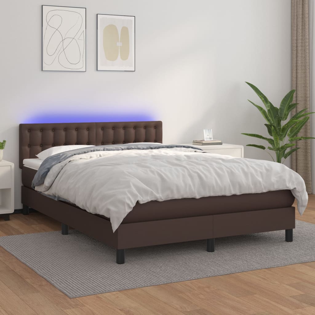 Κρεβάτι Boxspring με Στρώμα & LED Καφέ 140x190 εκ. Συνθ. Δέρμα - Pakobazaar