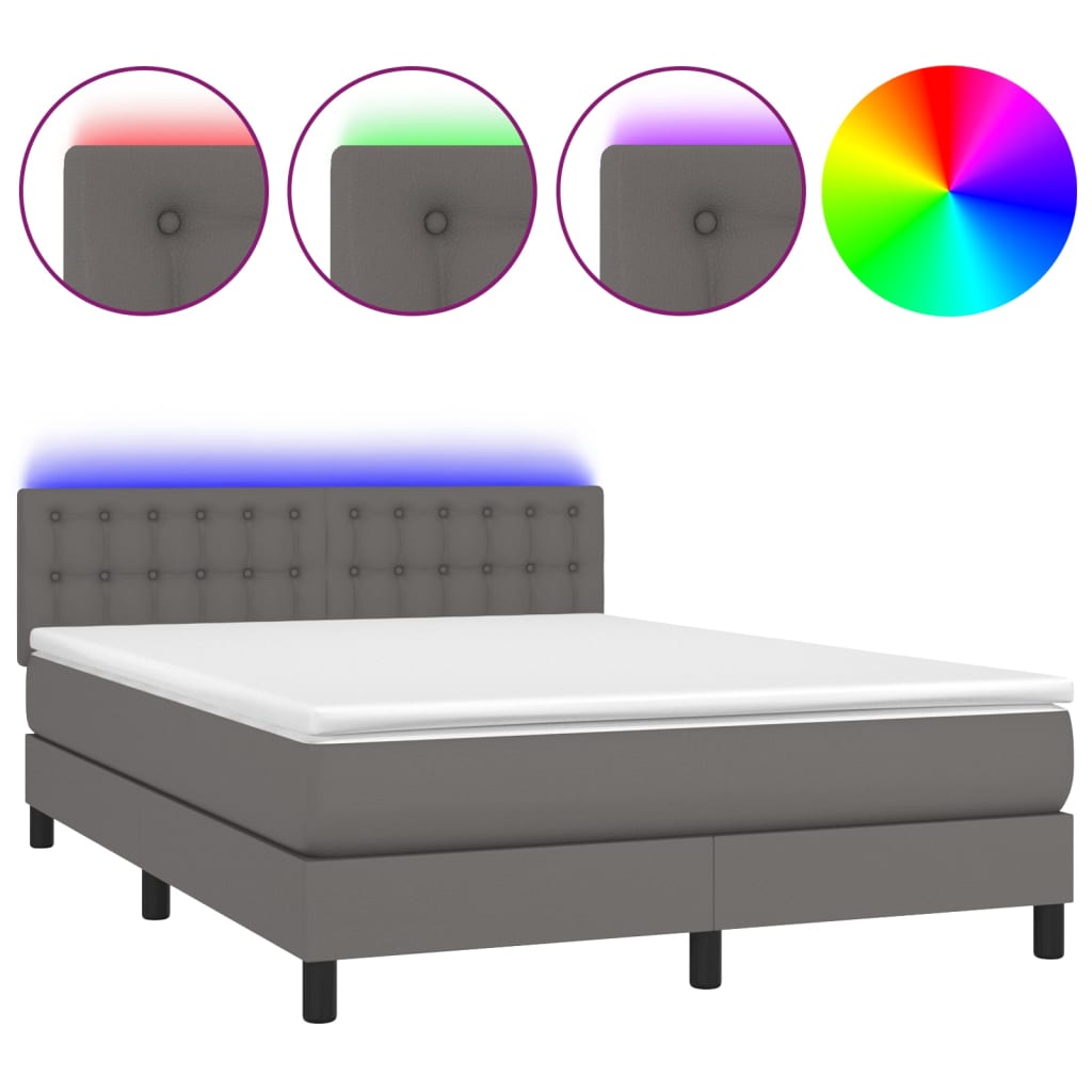 Κρεβάτι Boxspring με Στρώμα & LED Γκρι 140x190 εκ. Συνθ. Δέρμα