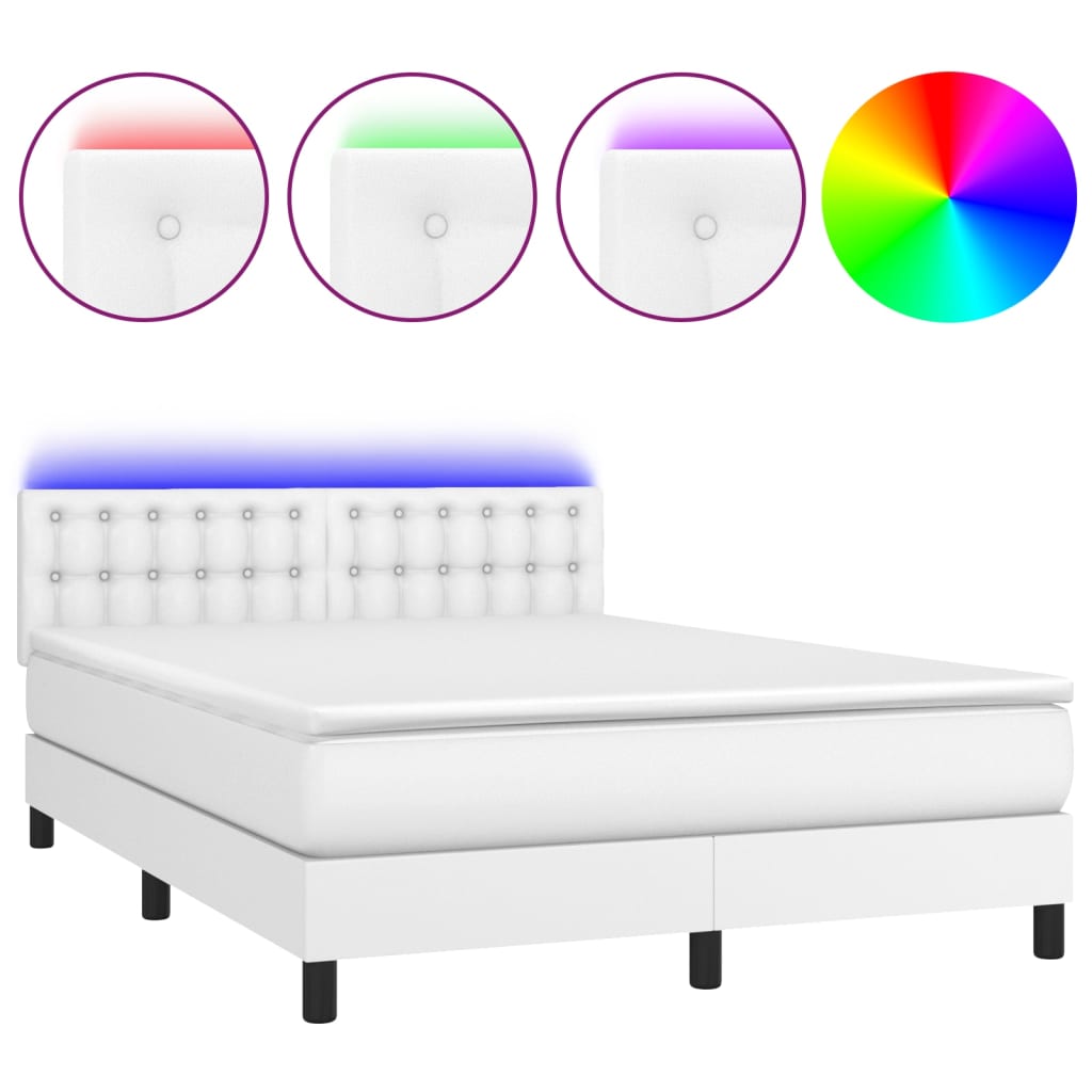 Κρεβάτι Boxspring με Στρώμα & LED Λευκό 140x200 εκ. Συνθ. Δέρμα