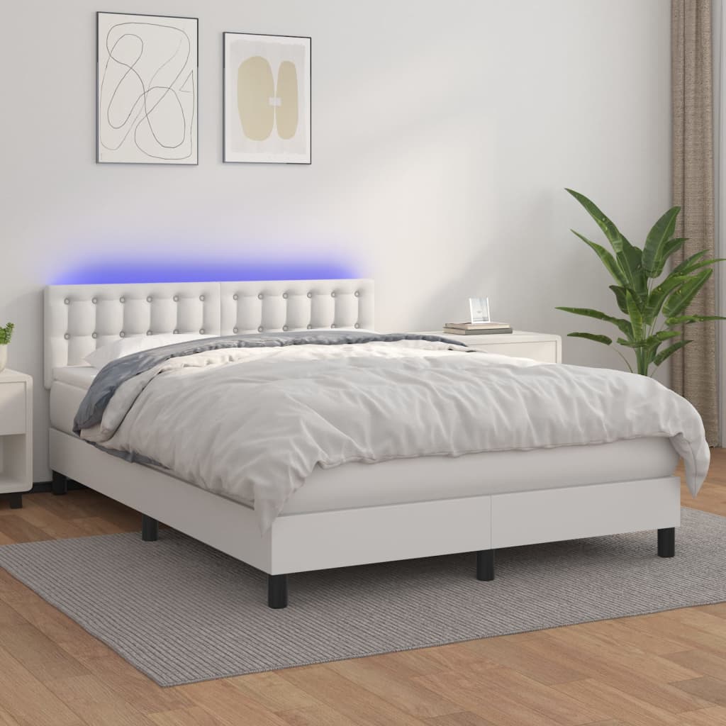 Κρεβάτι Boxspring με Στρώμα & LED Λευκό 140x200 εκ. Συνθ. Δέρμα