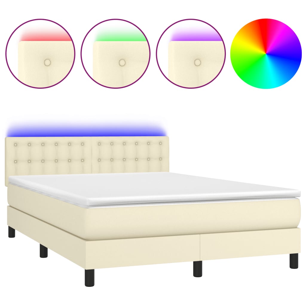 Κρεβάτι Boxspring με Στρώμα & LED Κρεμ 140x200 εκ. Συνθ. Δέρμα - Pakobazaar