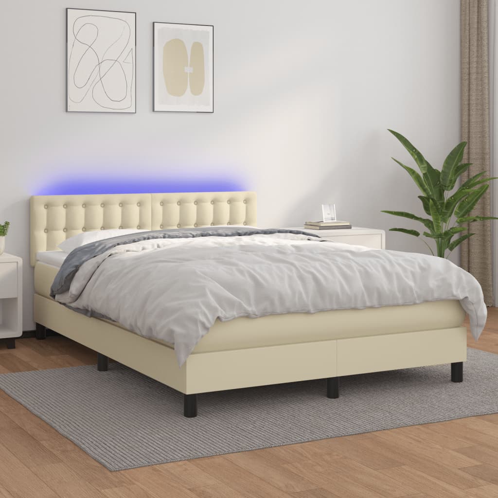 Κρεβάτι Boxspring με Στρώμα & LED Κρεμ 140x200 εκ. Συνθ. Δέρμα - Pakobazaar
