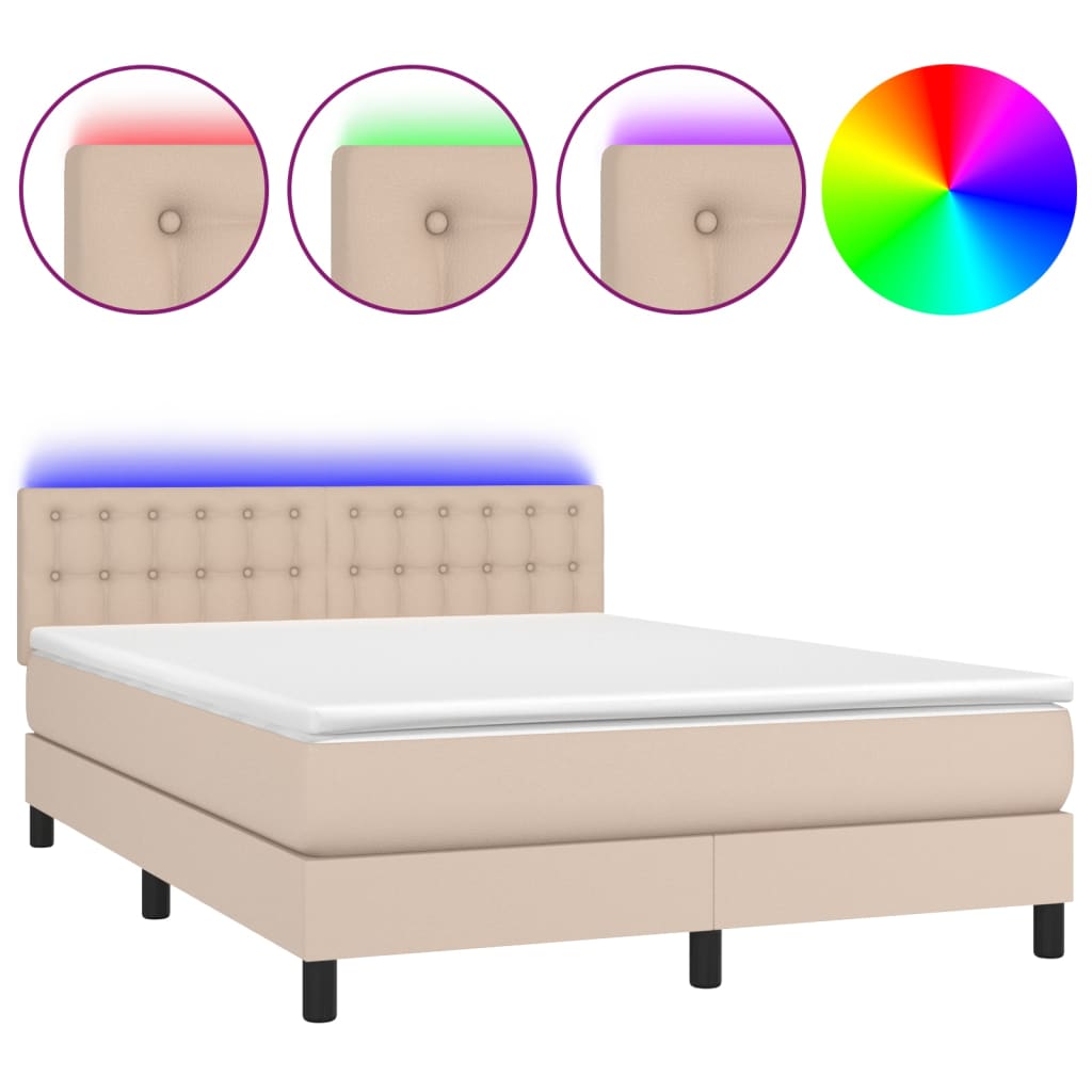 Κρεβάτι Boxspring Στρώμα&LED Καπουτσίνο 140x200 εκ. Συνθ. Δέρμα - Pakobazaar