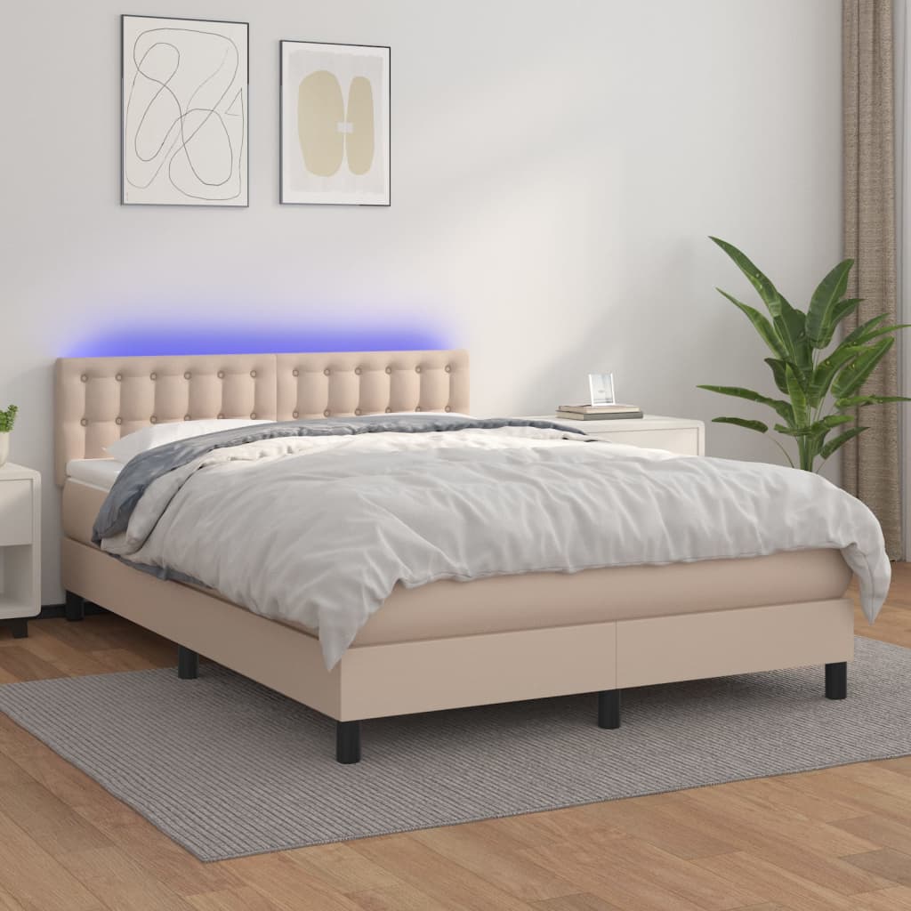Κρεβάτι Boxspring Στρώμα&LED Καπουτσίνο 140x200 εκ. Συνθ. Δέρμα - Pakobazaar