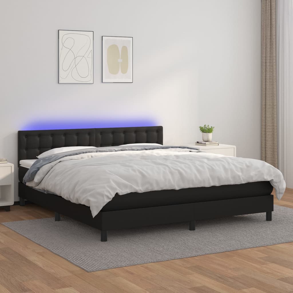 Κρεβάτι Boxspring με Στρώμα & LED Μαύρο 160x200 εκ. Συνθ. Δέρμα