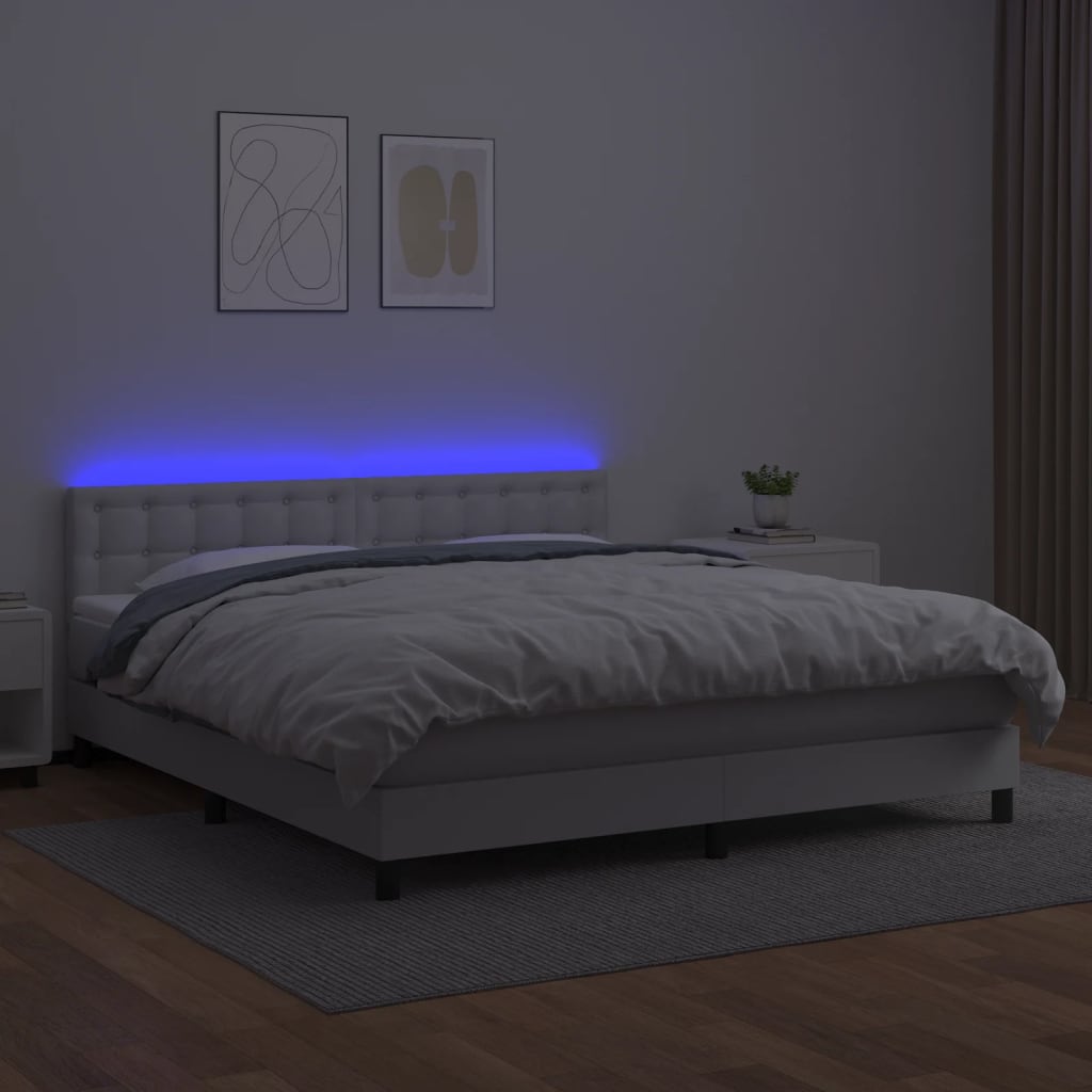 Κρεβάτι Boxspring με Στρώμα & LED Λευκό 160x200 εκ. Συνθ. Δέρμα