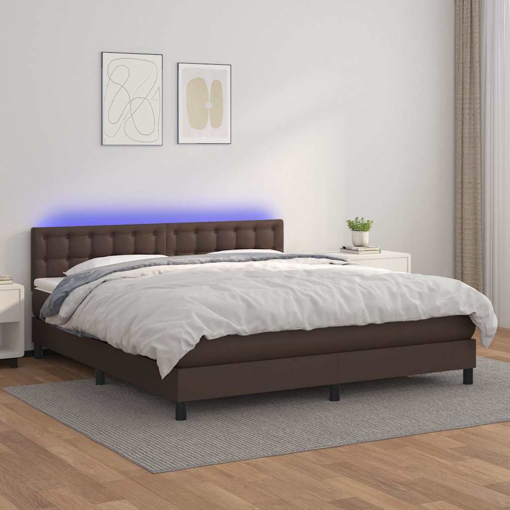 Κρεβάτι Boxspring με Στρώμα & LED Καφέ 160x200 εκ. Συνθ. Δέρμα - Pakobazaar