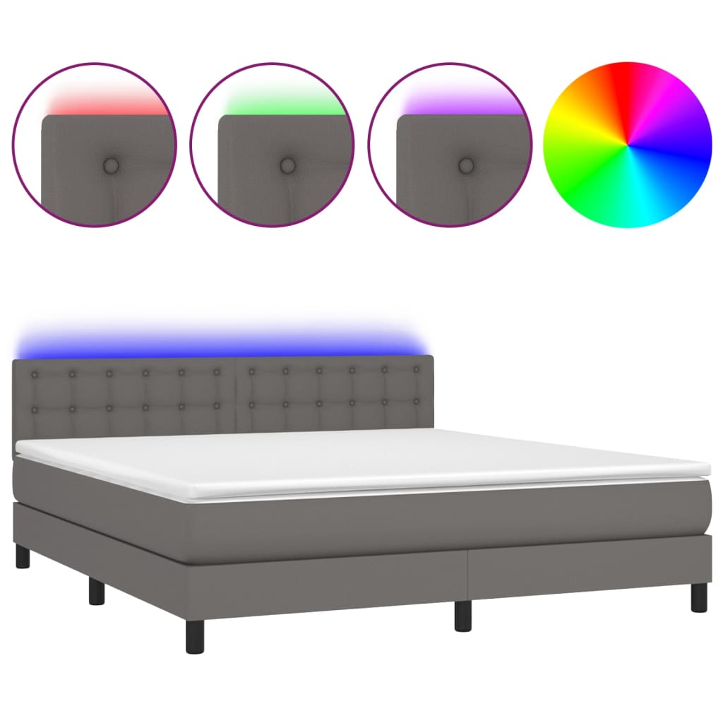 Κρεβάτι Boxspring με Στρώμα & LED Γκρι 160x200 εκ. Συνθ. Δέρμα