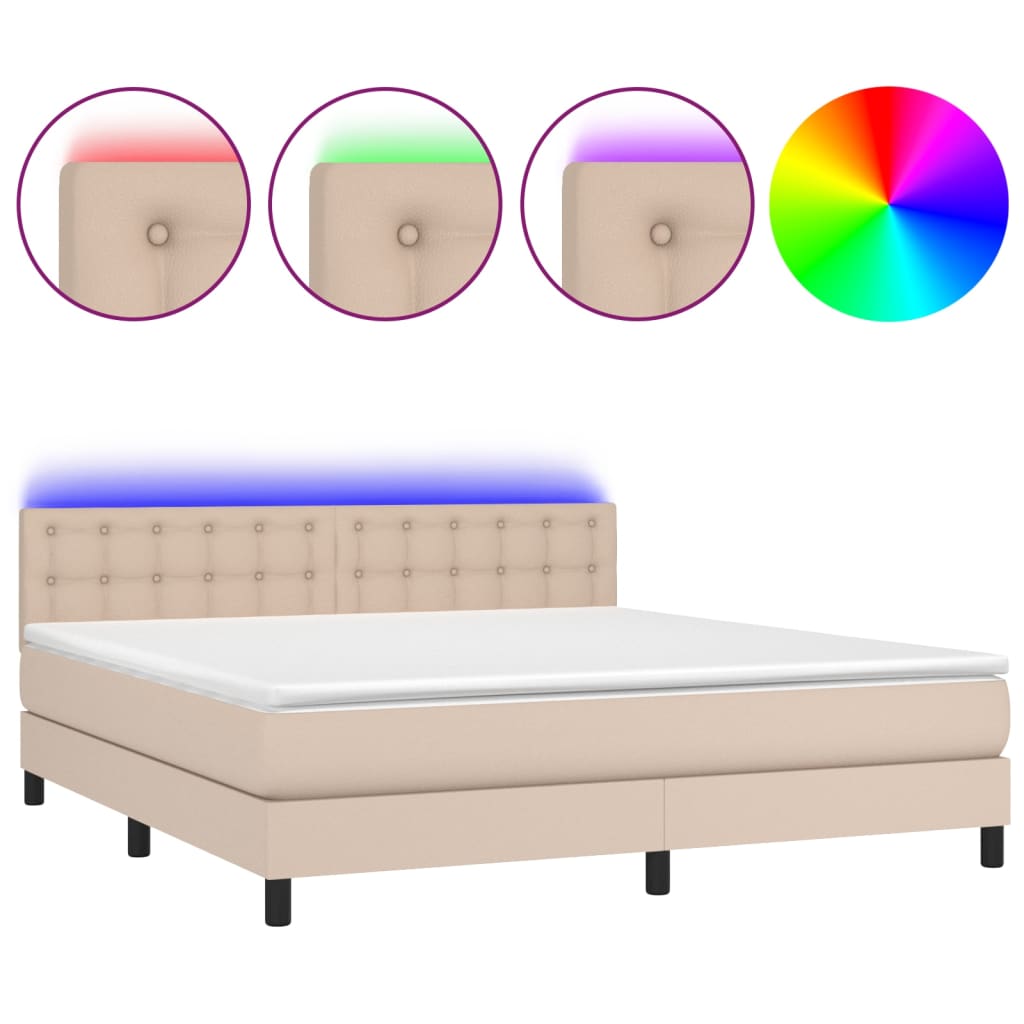 Κρεβάτι Boxspring Στρώμα&LED Καπουτσίνο 160x200 εκ. Συνθ. Δέρμα - Pakobazaar