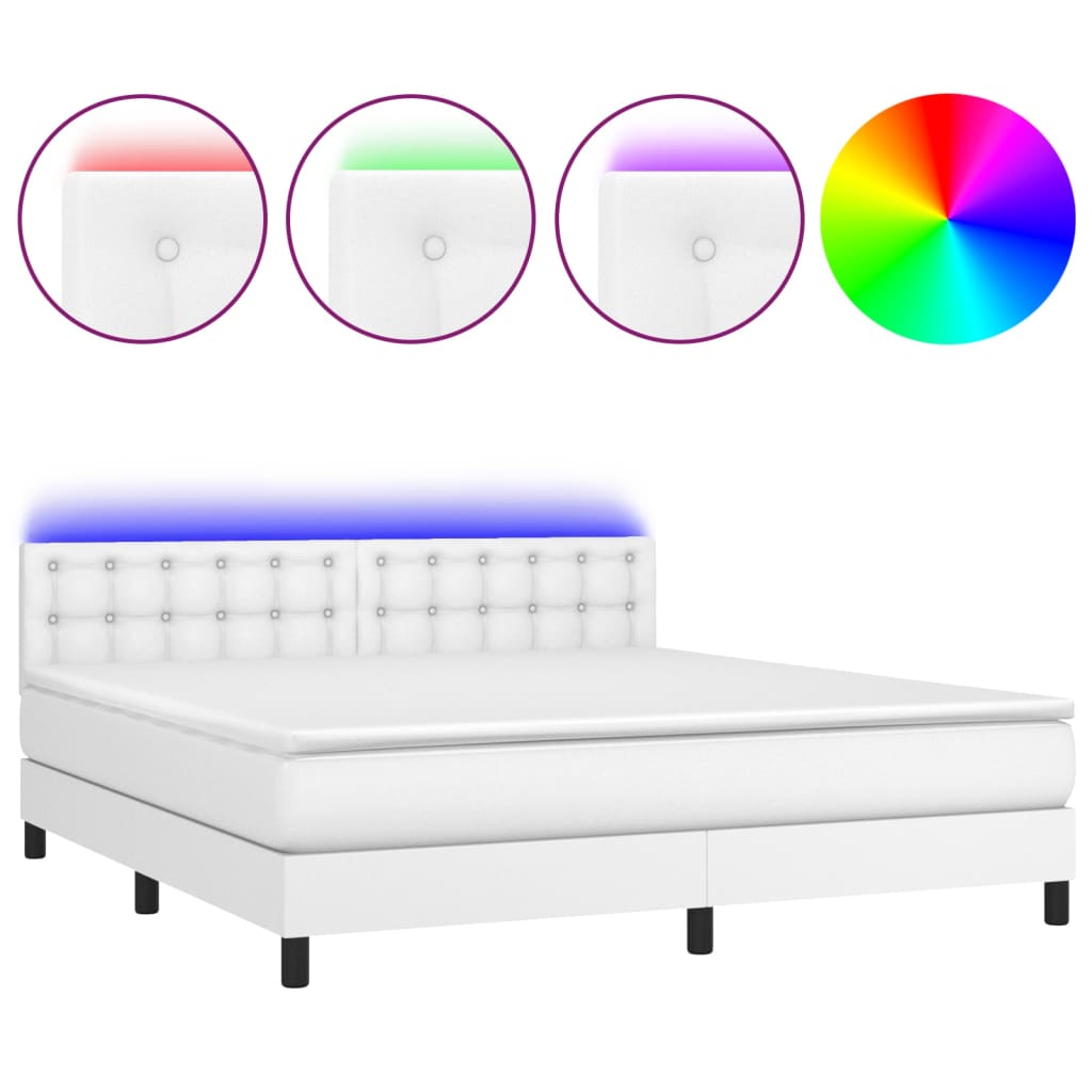 Κρεβάτι Boxspring με Στρώμα & LED Λευκό 180x200 εκ. Συνθ. Δέρμα