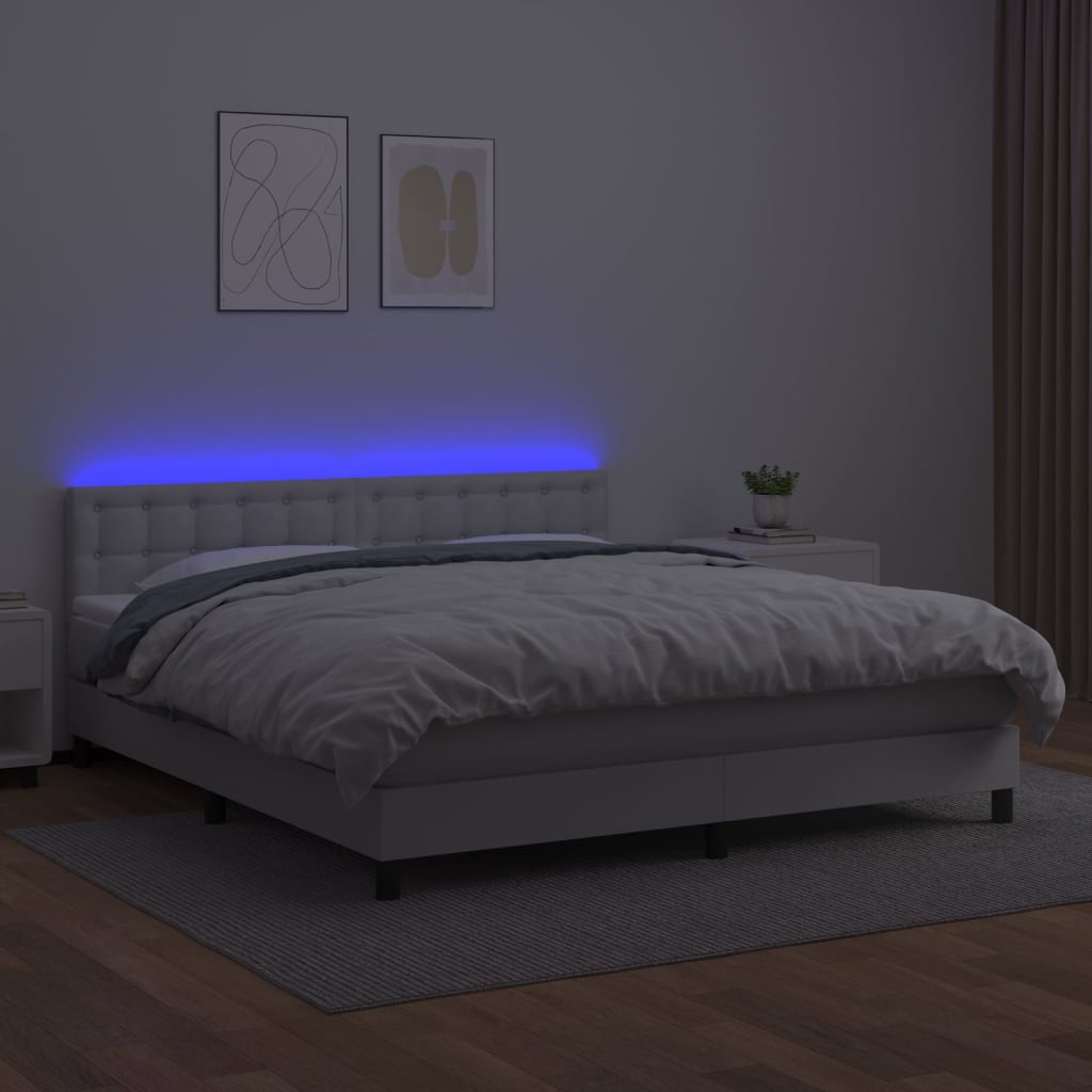Κρεβάτι Boxspring με Στρώμα & LED Λευκό 180x200 εκ. Συνθ. Δέρμα