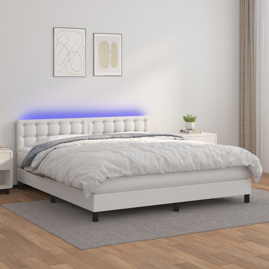 Κρεβάτι Boxspring με Στρώμα & LED Λευκό 180x200 εκ. Συνθ. Δέρμα
