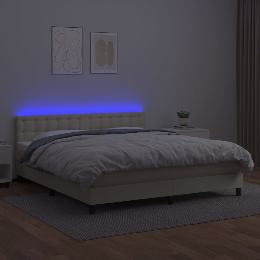 Κρεβάτι Boxspring με Στρώμα & LED Κρεμ 180x200 εκ. Συνθ. Δέρμα - Pakobazaar