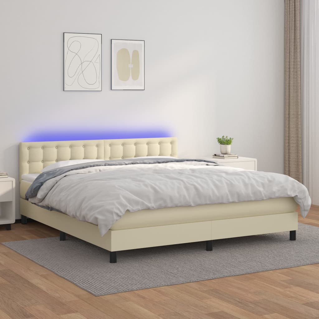 Κρεβάτι Boxspring με Στρώμα & LED Κρεμ 180x200 εκ. Συνθ. Δέρμα - Pakobazaar