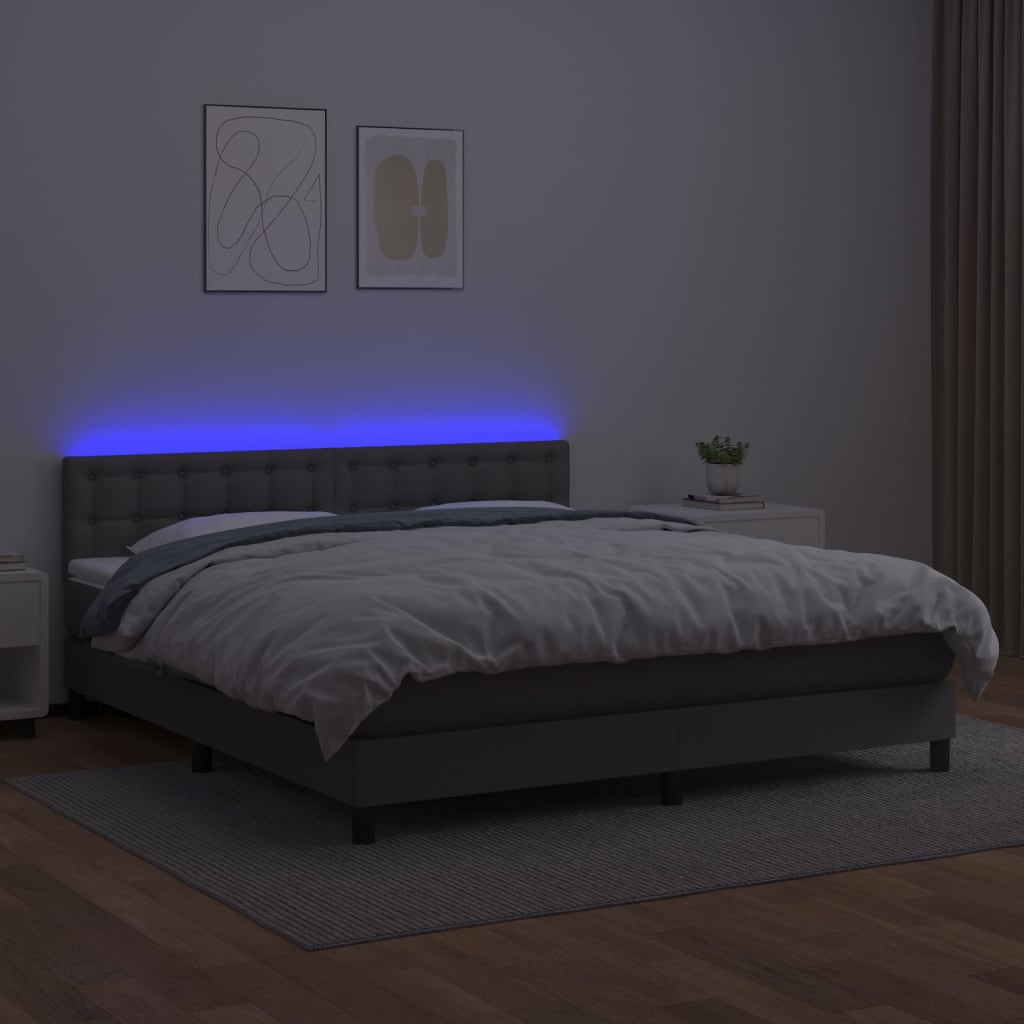 Κρεβάτι Boxspring με Στρώμα & LED Γκρι 180x200 εκ. Συνθ. Δέρμα