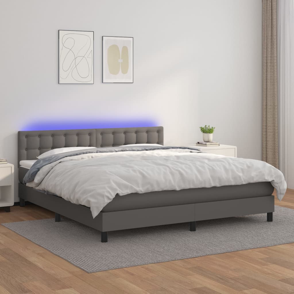 Κρεβάτι Boxspring με Στρώμα & LED Γκρι 180x200 εκ. Συνθ. Δέρμα