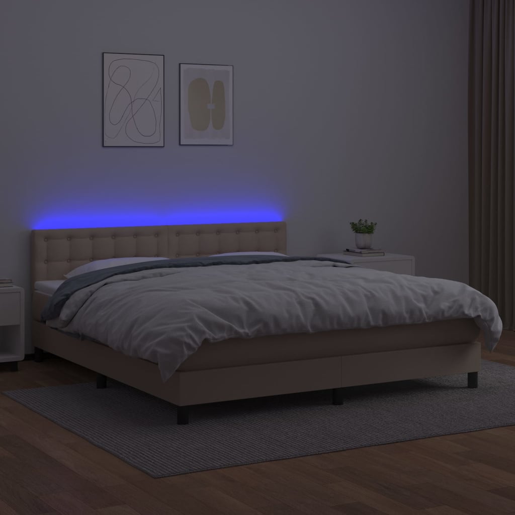 Κρεβάτι Boxspring Στρώμα&LED Καπουτσίνο 180x200 εκ. Συνθ. Δέρμα
